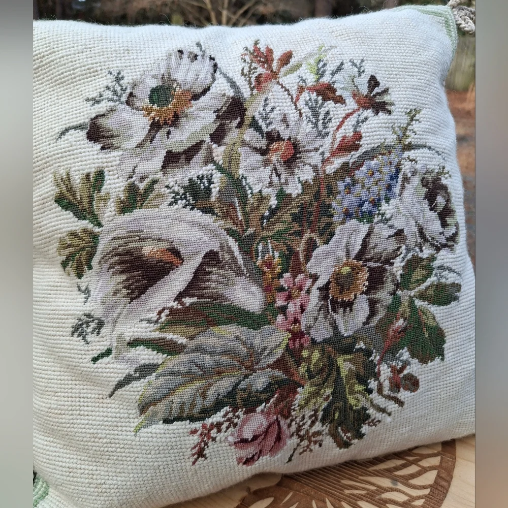 Vintage French Country Hand Stitched Floral Petit Point Wool Cotton Pillow Cover